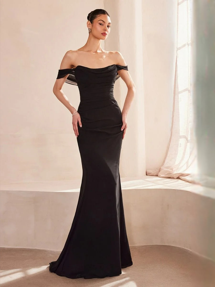Black off-shoulder ruched mermaid evening dress with fitted floor-length silhouette