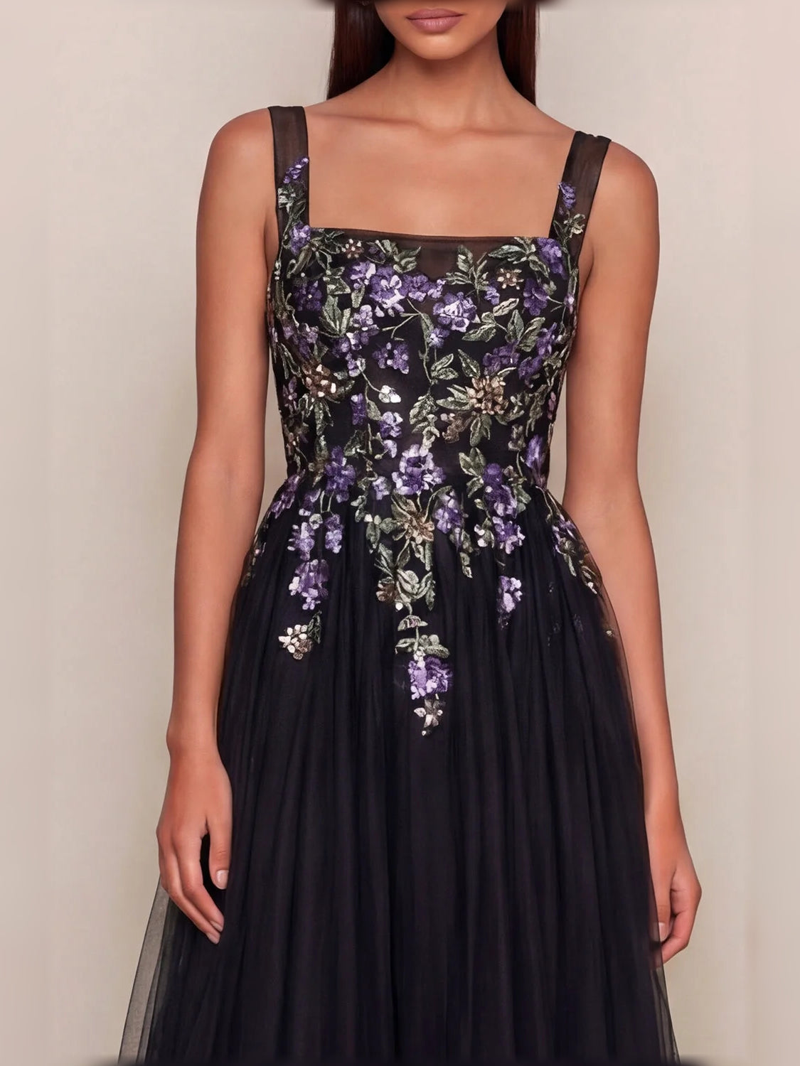 Black floral corset midi dress with square neckline and purple blossom print