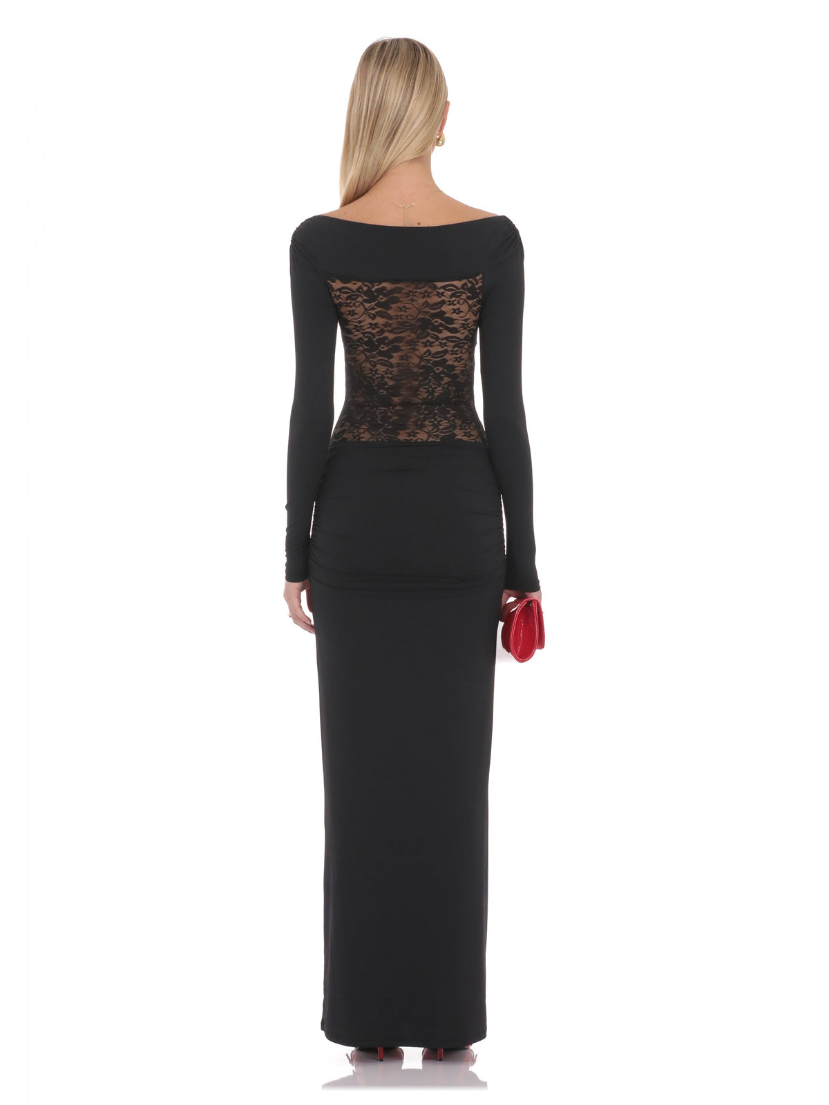 Black bridesmaid dress with mesh construction and maxi hem