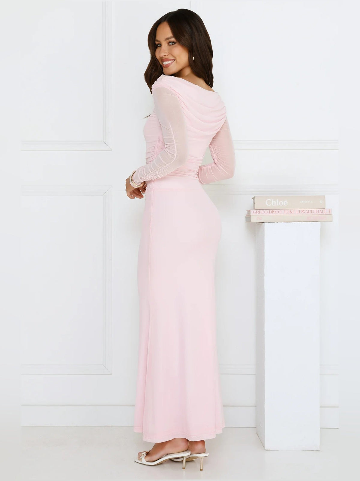 Pink sheath maxi formal dress with sheath, alternate view