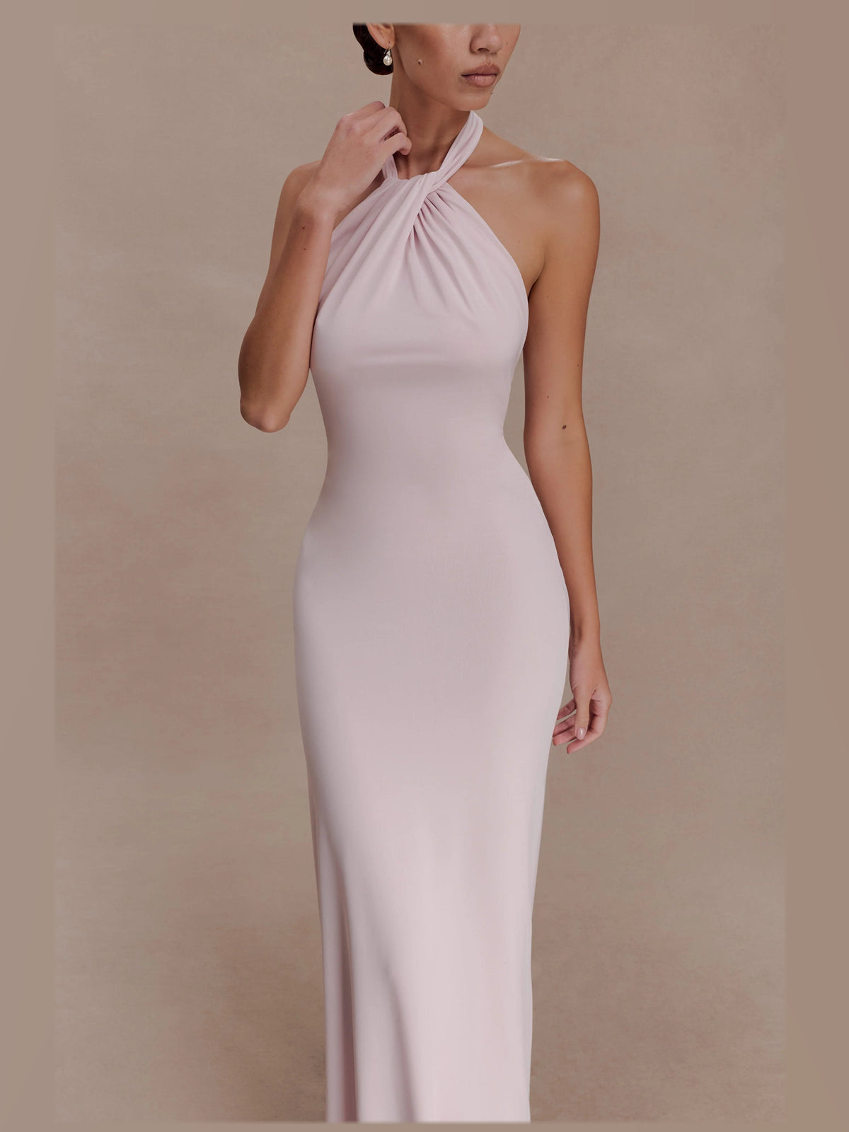 Pale Pink formal dress with structured woven fabric construction and maxi hem