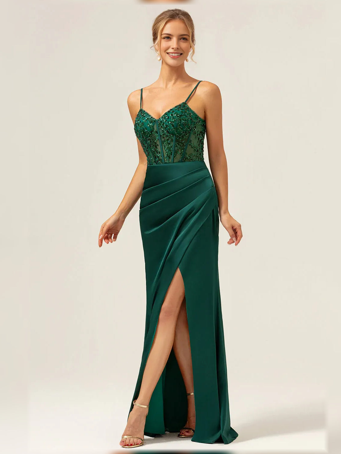 Dark green sweetheart corset formal dress with lace bodice and long slit skirt