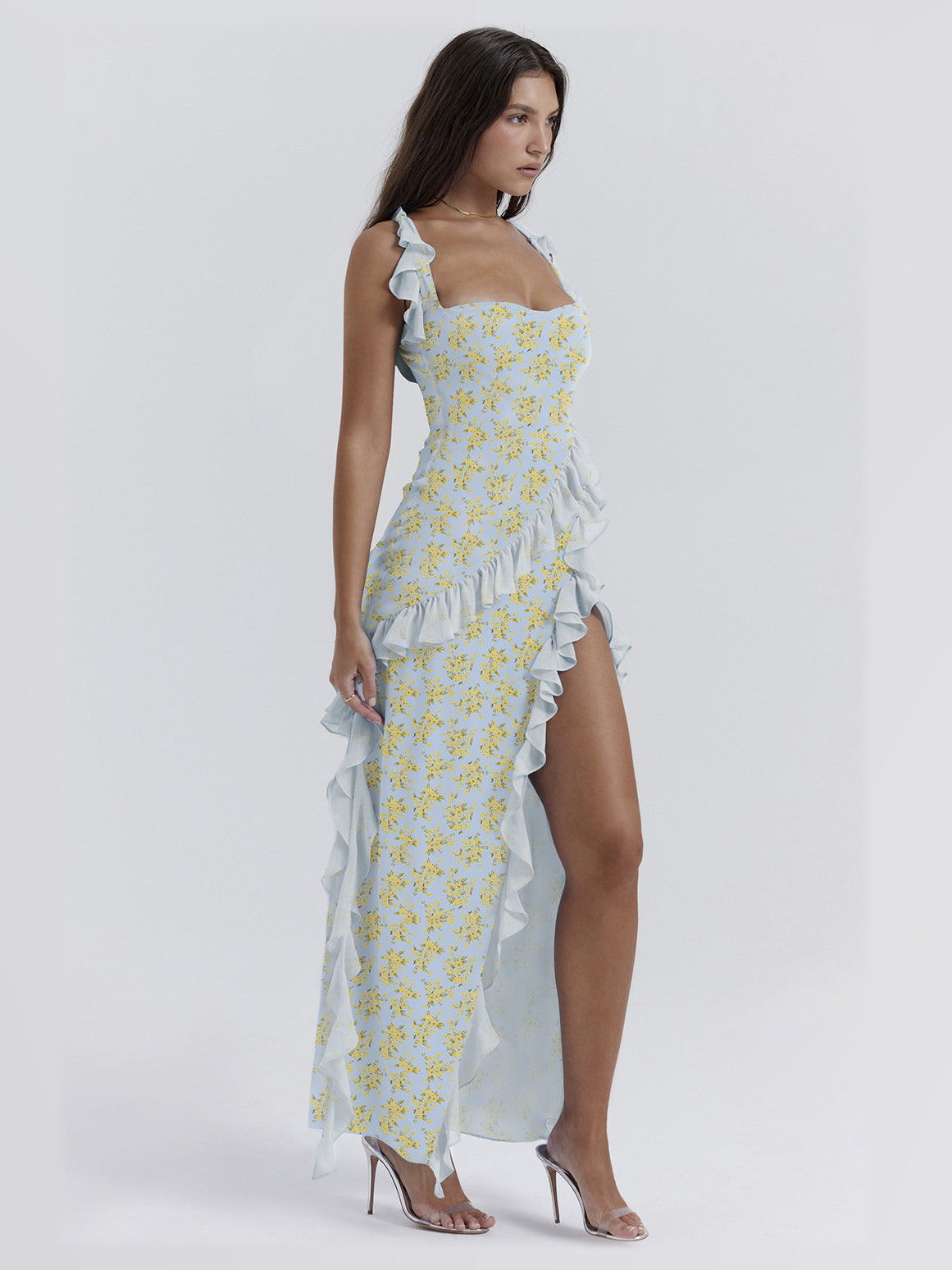 Blue maxi formal dress, alternate full-length view showing the waistline