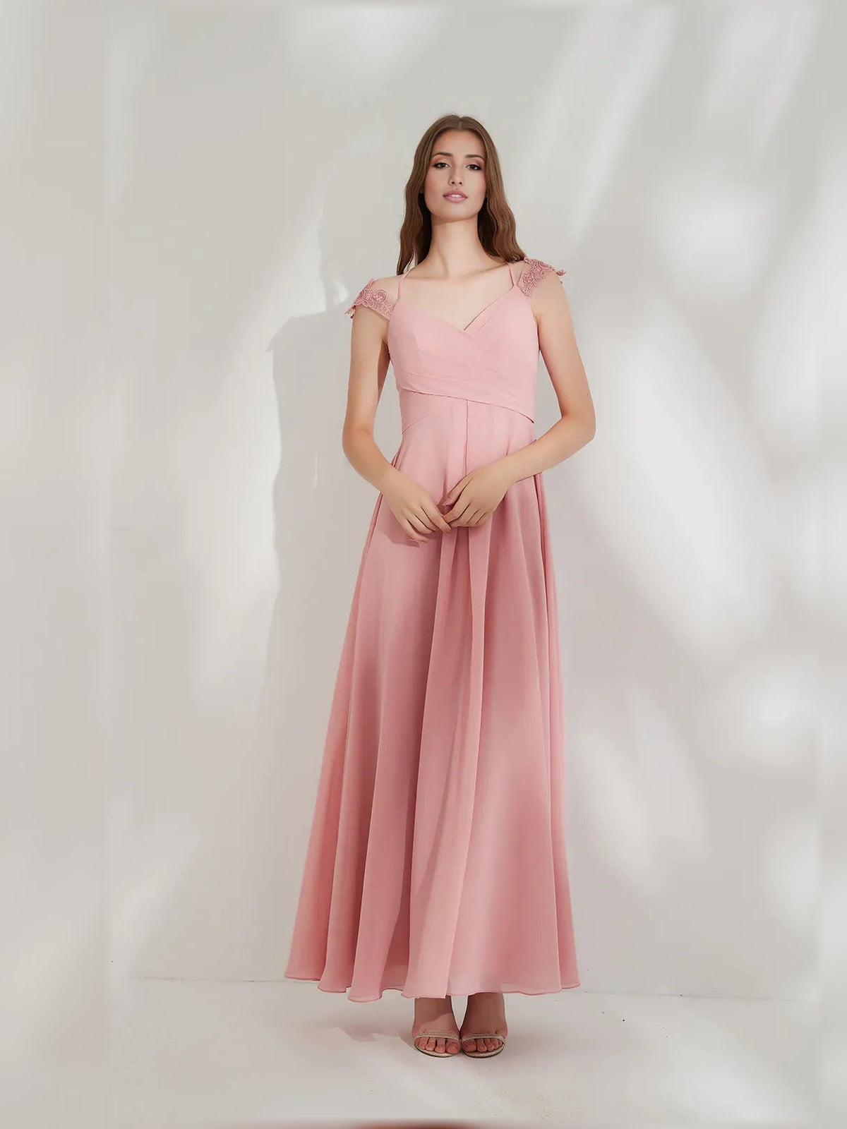 Peach V-neck ruching A-line formal maxi dress with cap sleeves and flowy skirt