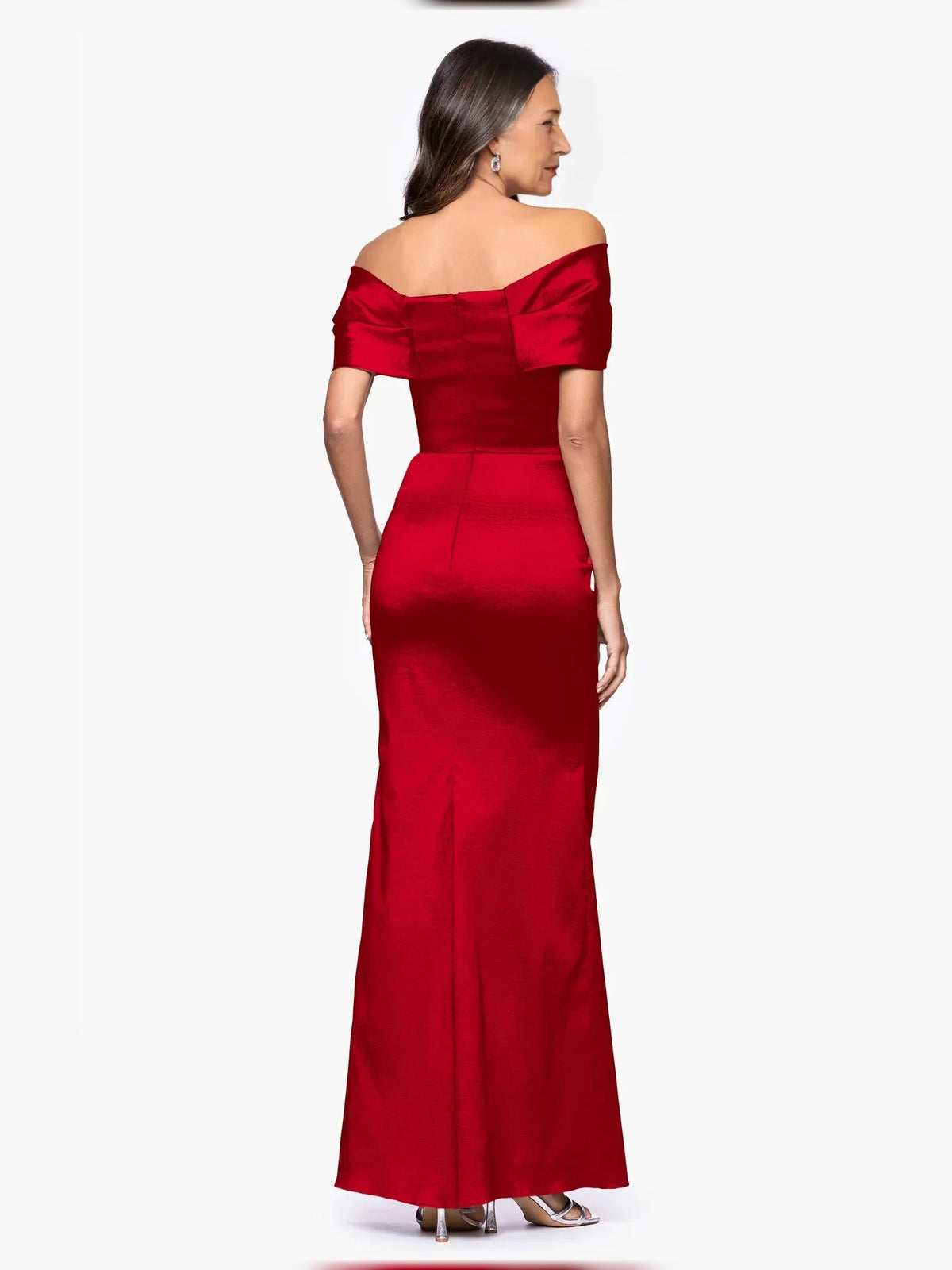 Red satin off-shoulder draped mermaid floor-length gown, side/back view