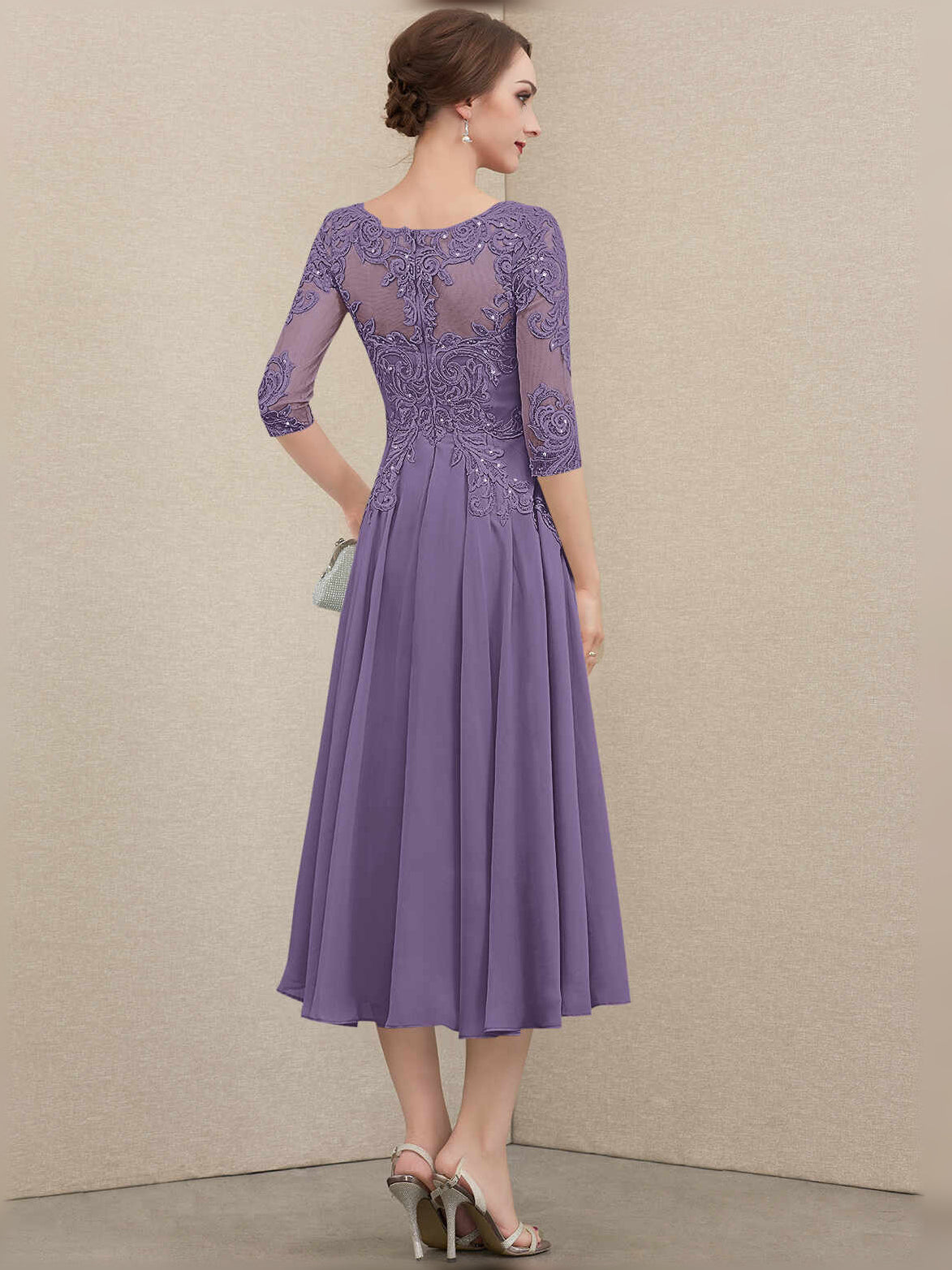 Lavender pleated chiffon A-line mother-of-the-bride dress with floral lace illusion yoke