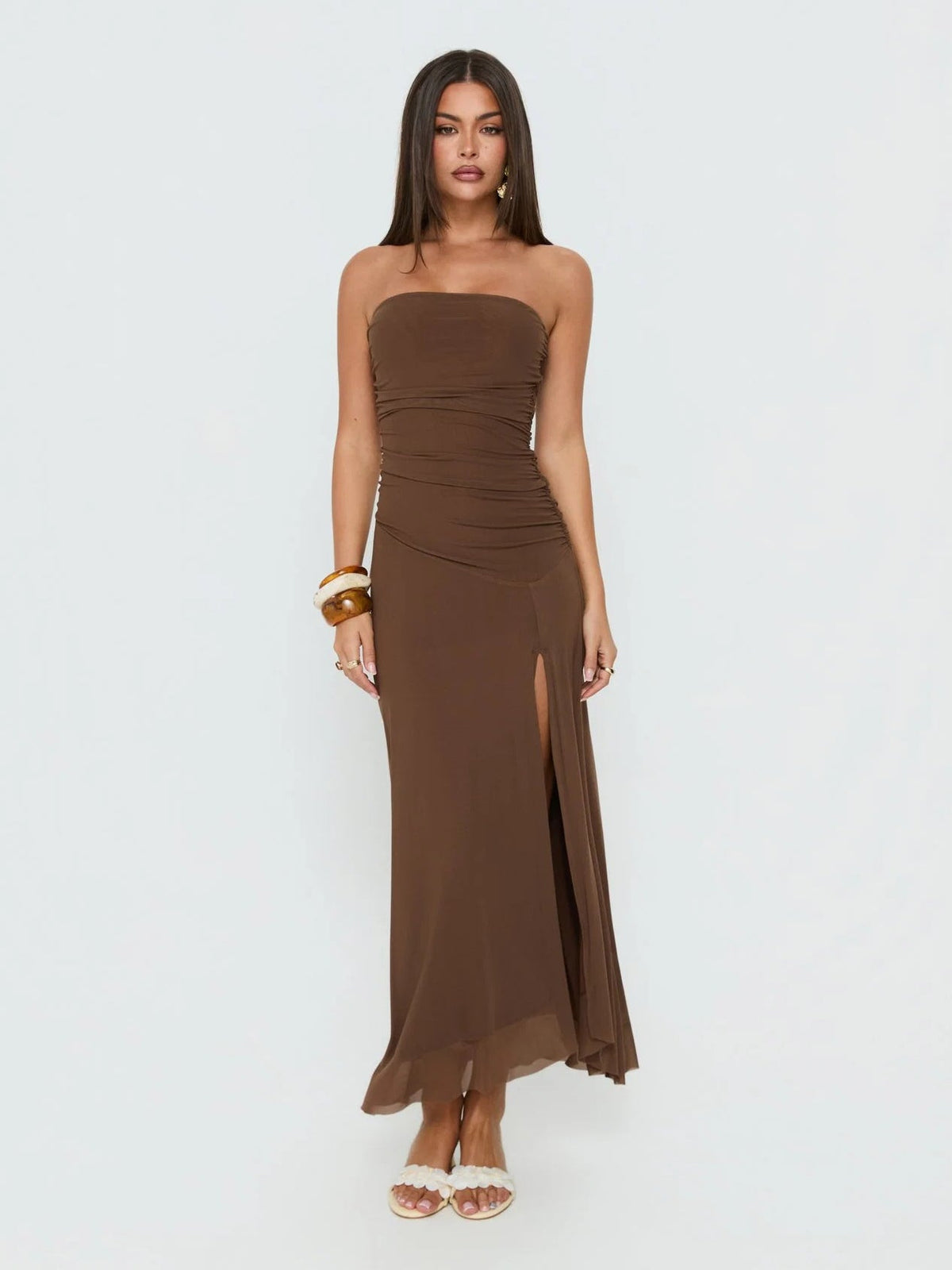 Mocha formal dress with structured woven fabric construction and maxi hem