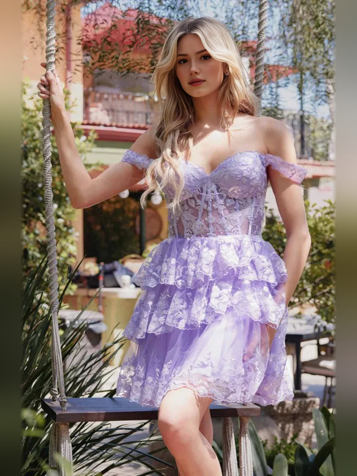 Lilac off-shoulder corset bodice mini dress with tiered tulle ruffles and cinched waist