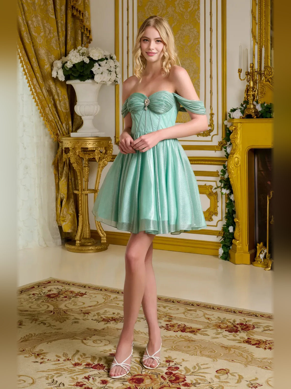 Mint green sweetheart corset mini tulle A-line dress with off-shoulder drape