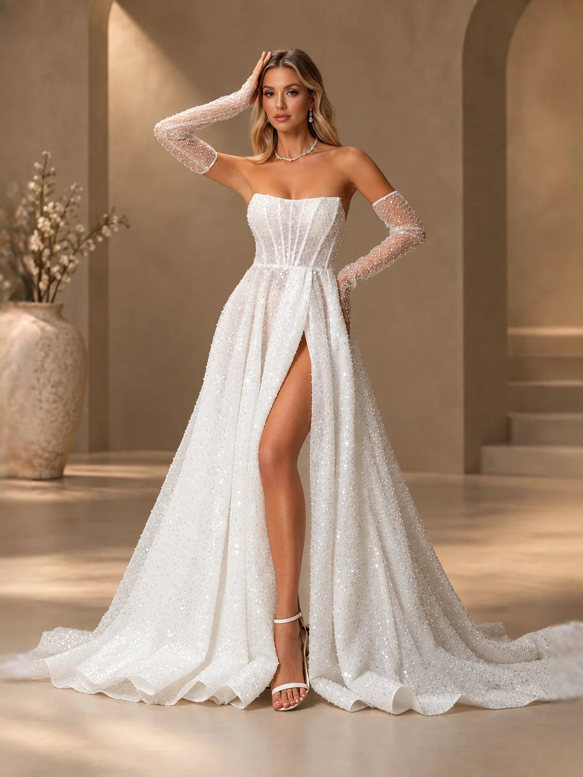 Ivory strapless corset A-line wedding dress with thigh-high slit and sparkling texture
