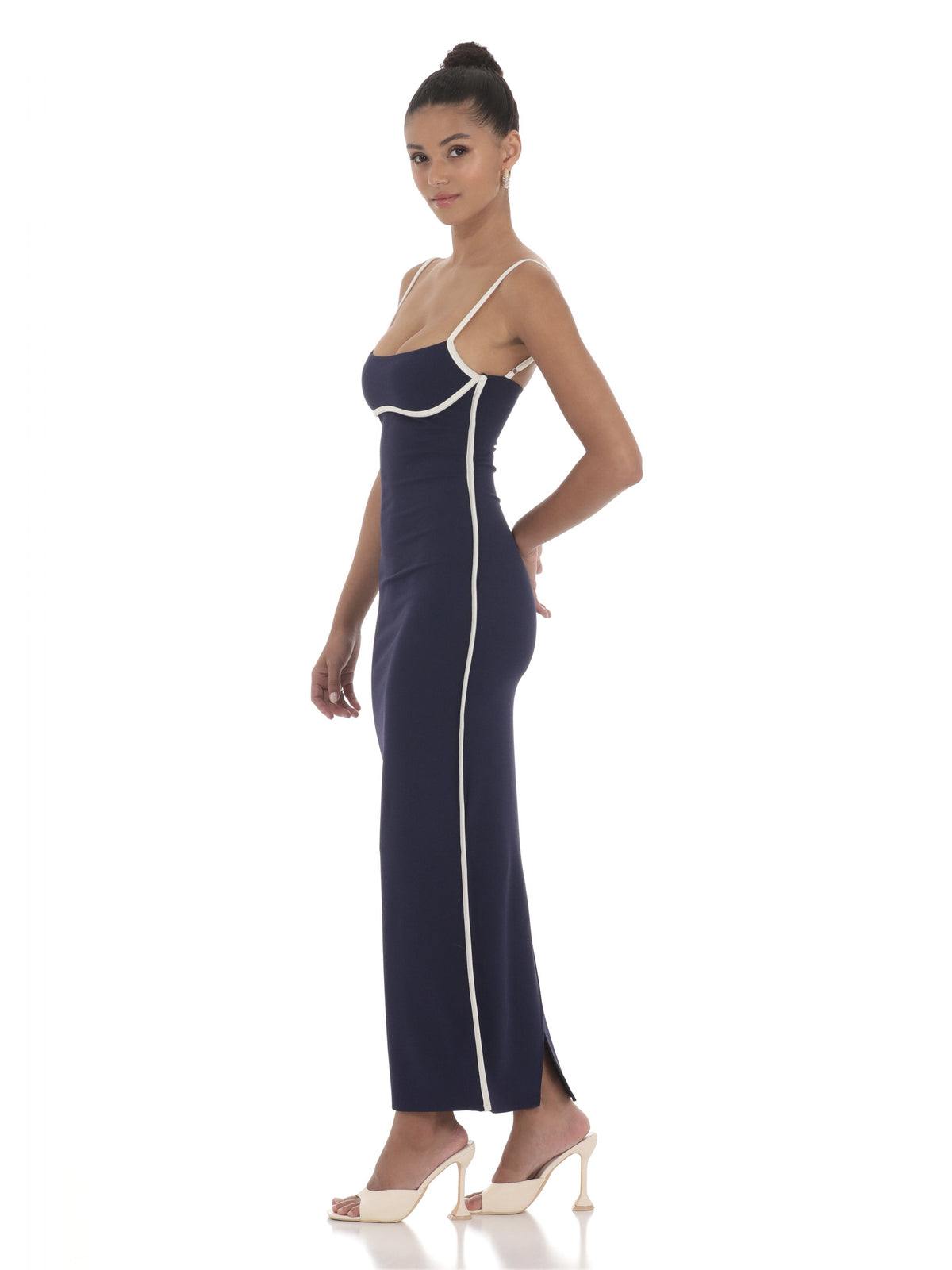 Navy A-line maxi dress with spaghetti straps and contrasting white piping
