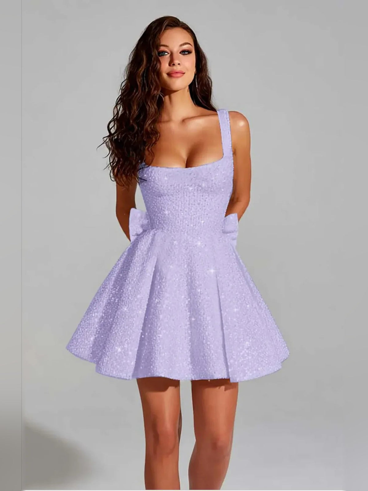 Lavender sequin square-neck A-line mini dress with sleeveless flared skirt
