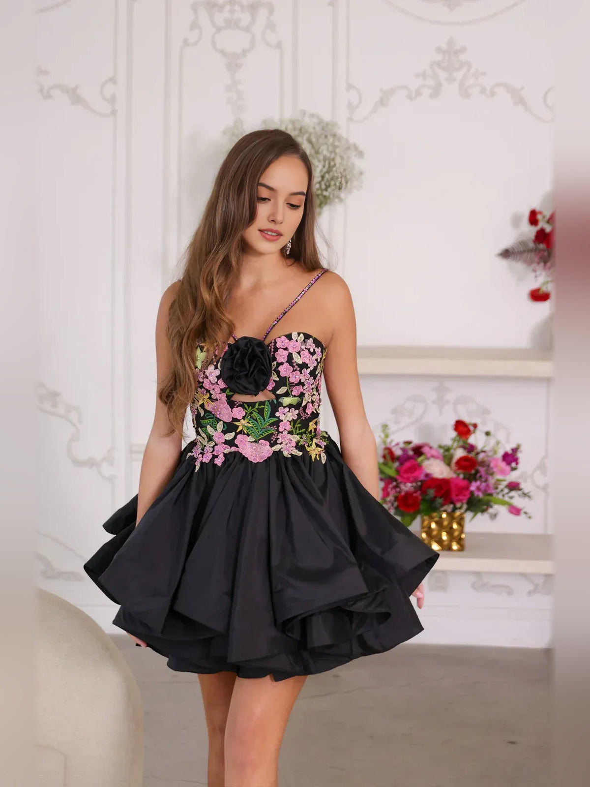 Black floral cut-out sweetheart satin A-line mini dress with layered tiered skirt