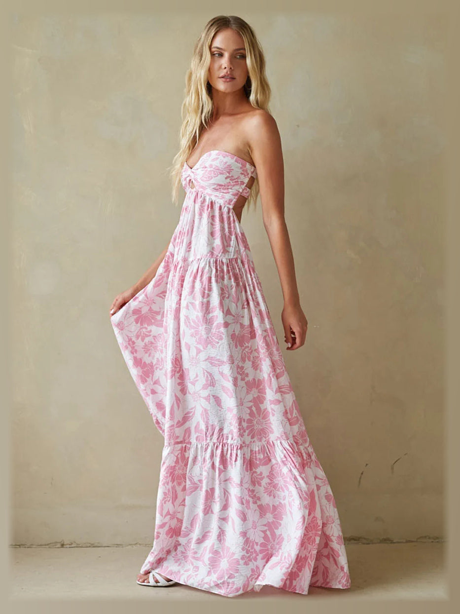 Pink Floral formal dress with structured woven fabric construction and maxi hem