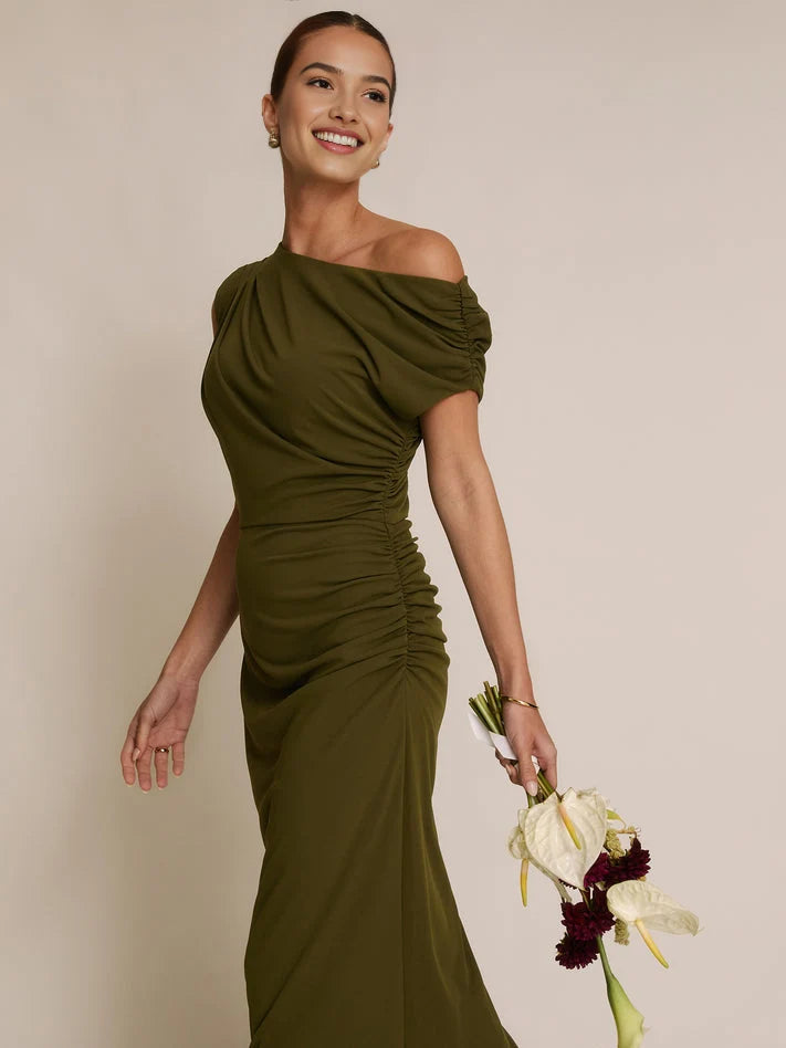Olive green one-shoulder draped sheath maxi dress with gathered bodice
