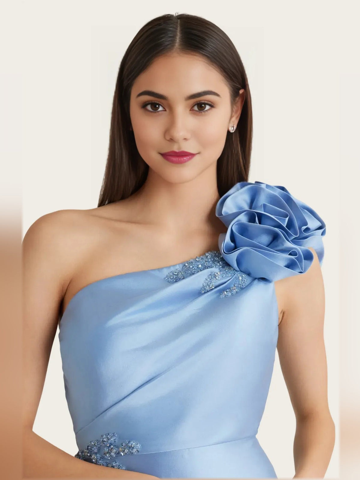 Light blue one-shoulder formal dress close-up with beaded bodice and shoulder flower