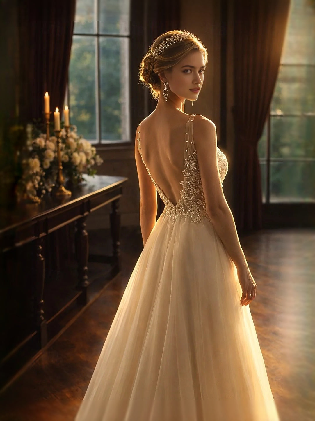 Gold V-neck A-line tulle prom dress with beaded bodice and open back detail