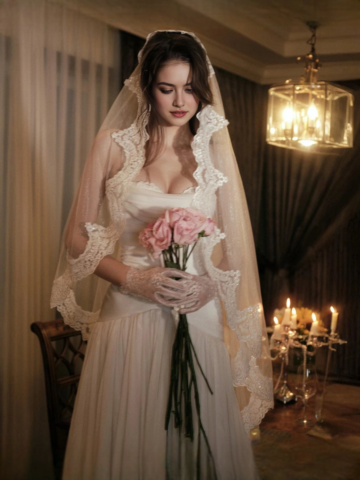Ivory A-line wedding dress with square neck and lace-trimmed veil