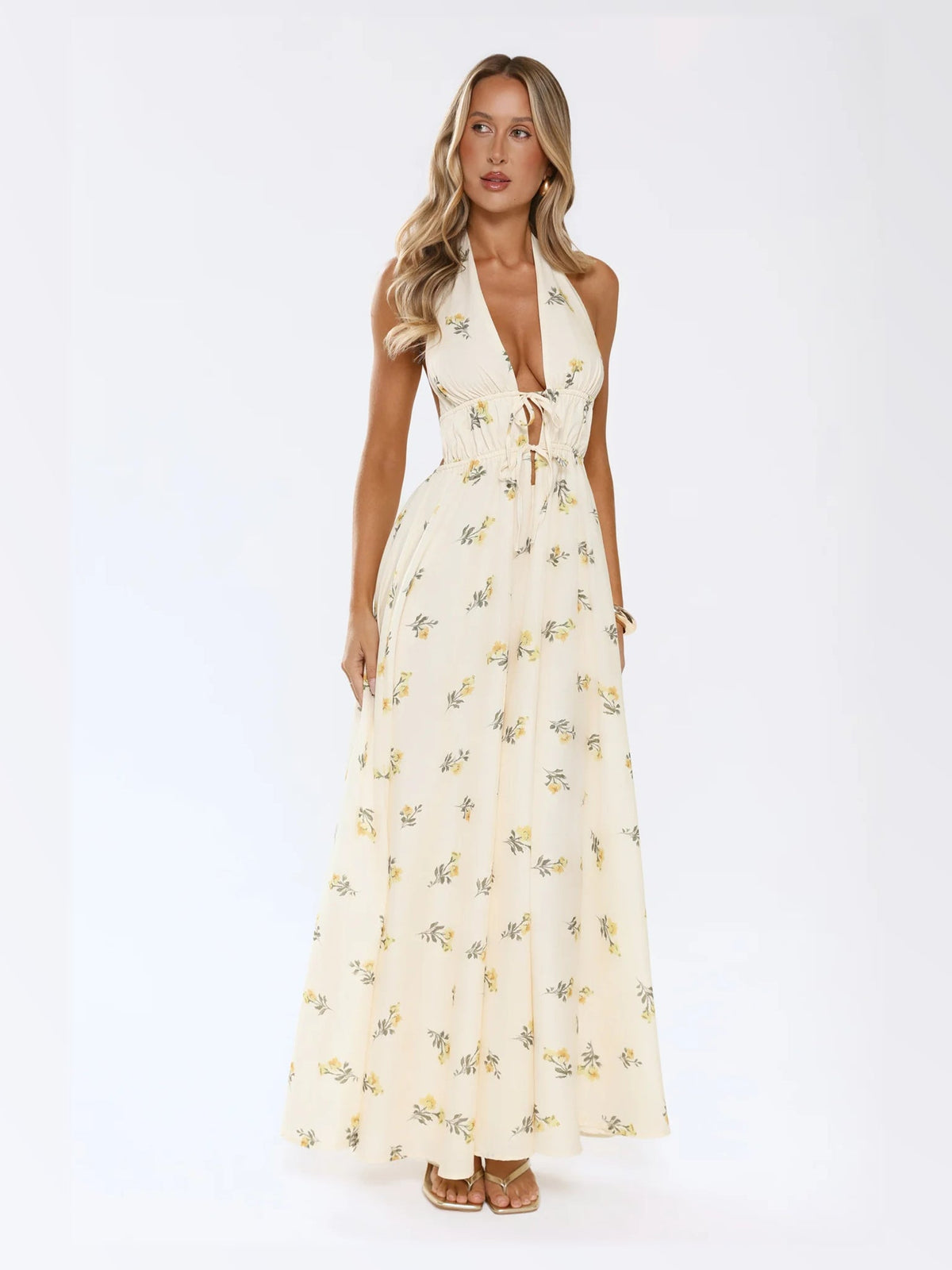 Yellow maxi formal dress, alternate full-length view showing the waistline