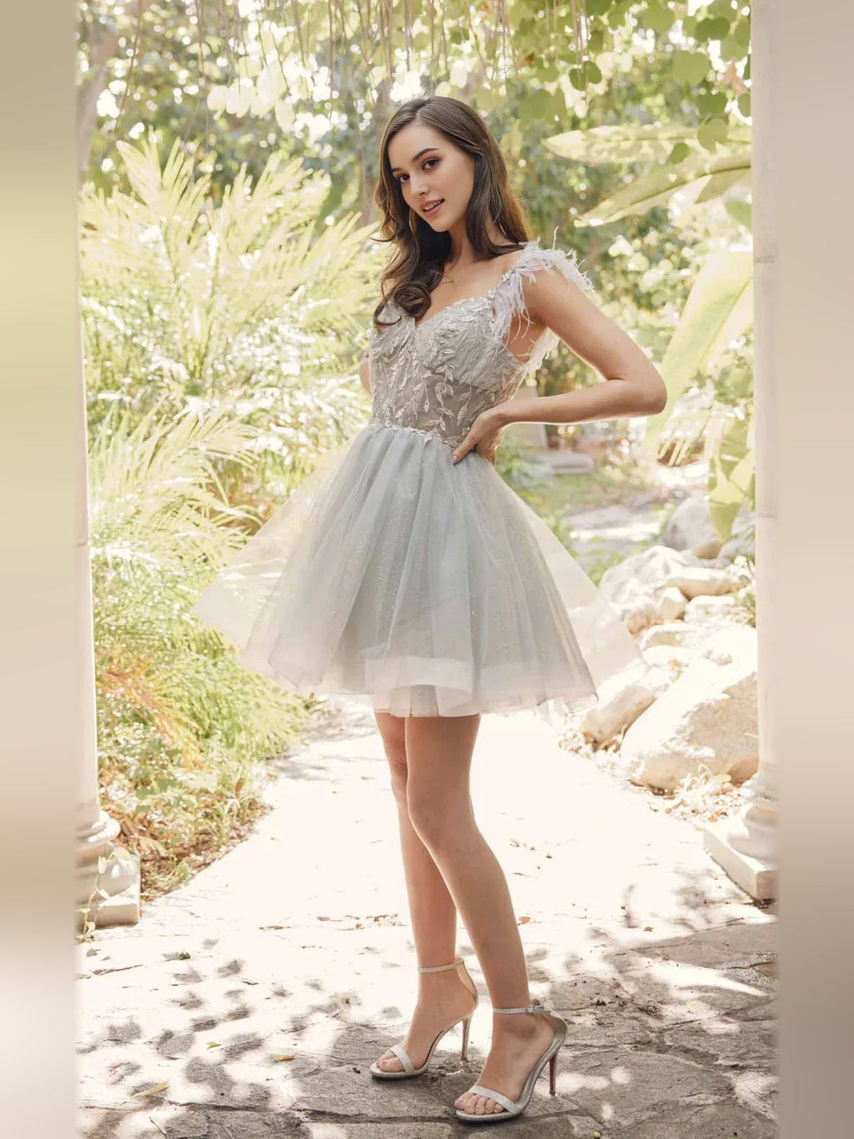Silver embroidered tulle mini dress with V-neck bodice and flared skirt