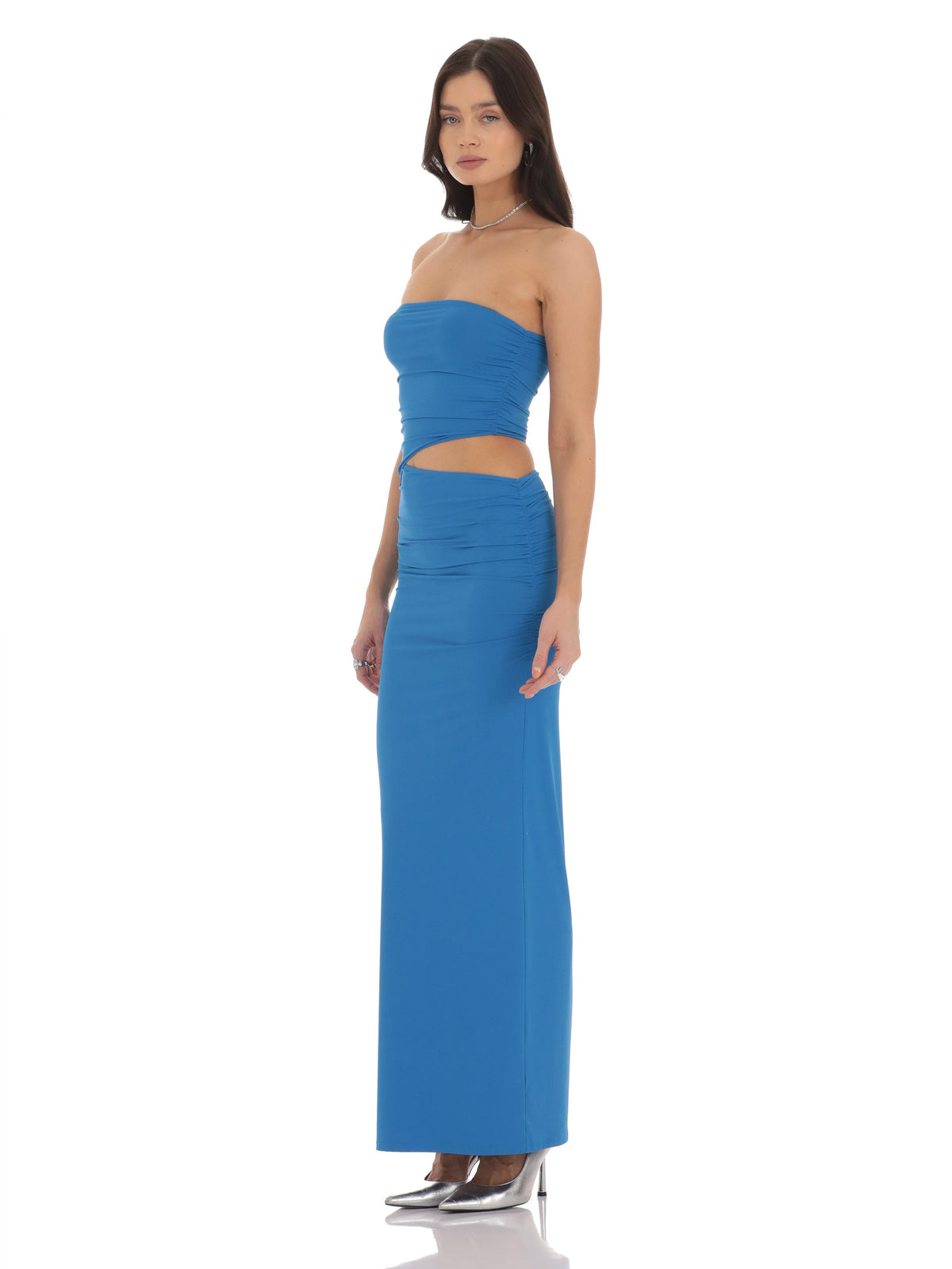 Blue bridesmaid dress with structured woven fabric construction and maxi hem