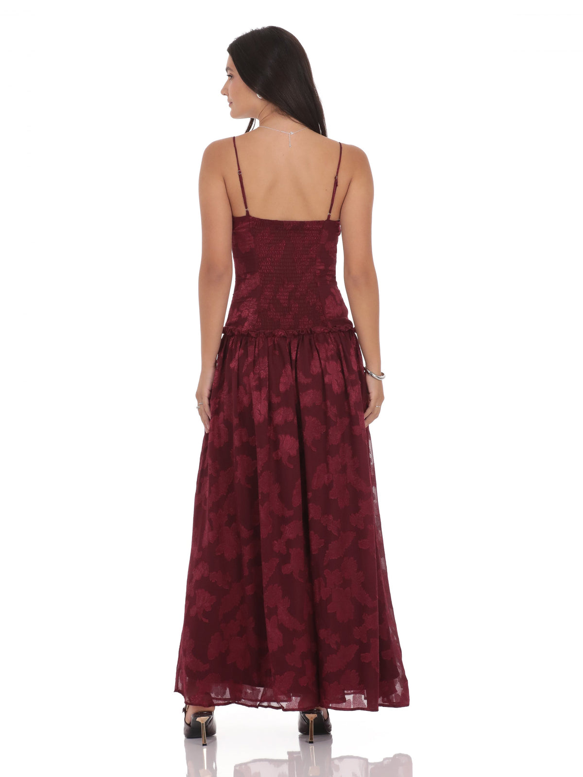 Burgundy bridesmaid dress with chiffon construction and maxi hem