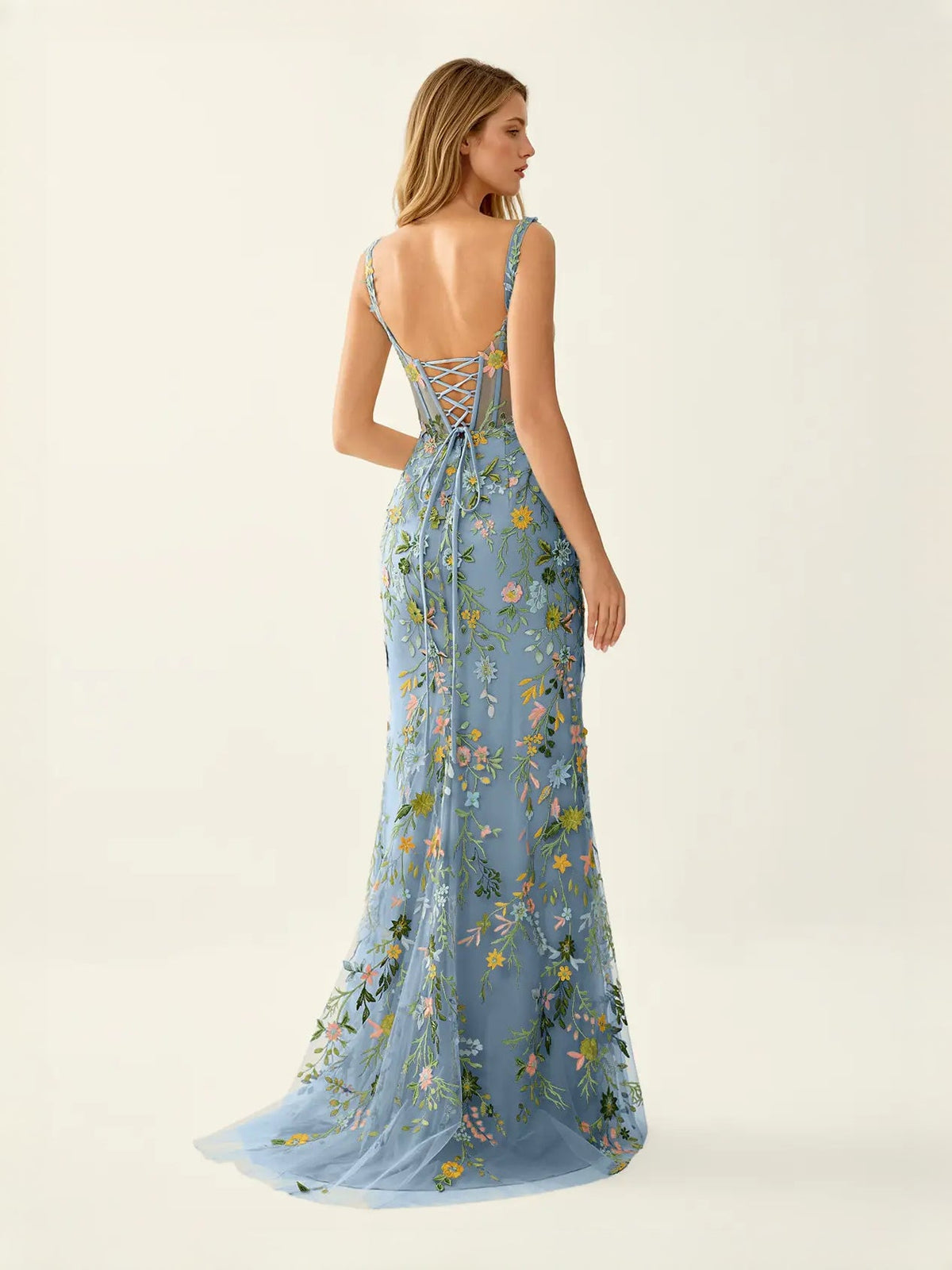 Dusty blue floral embroidered corset-back mermaid maxi tulle dress, open lace-up back