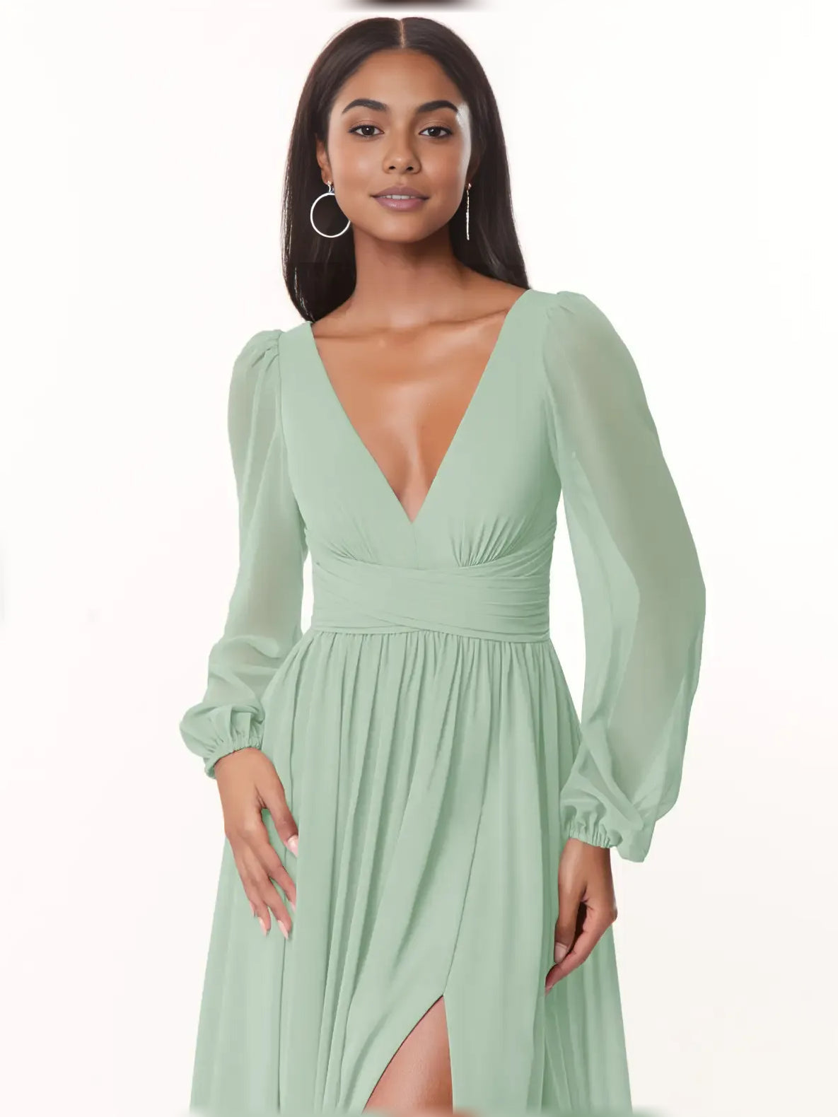 Dusty sage chiffon bridesmaid dress close-up, V-neck with ruched waist and long sleeves.