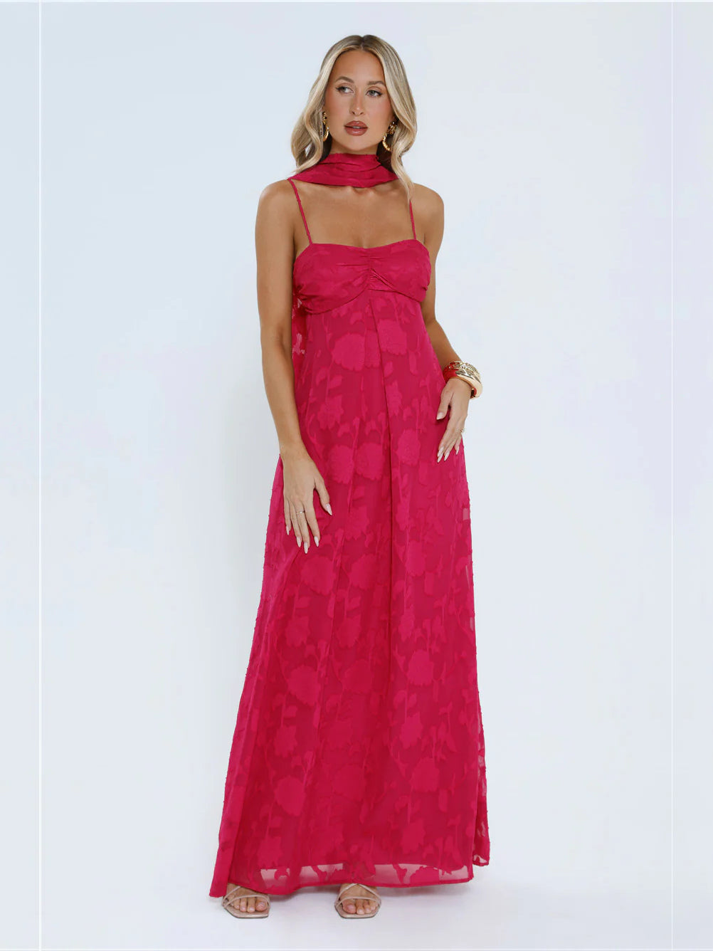 Pink a-line maxi formal dress with strapless neckline, alternate view