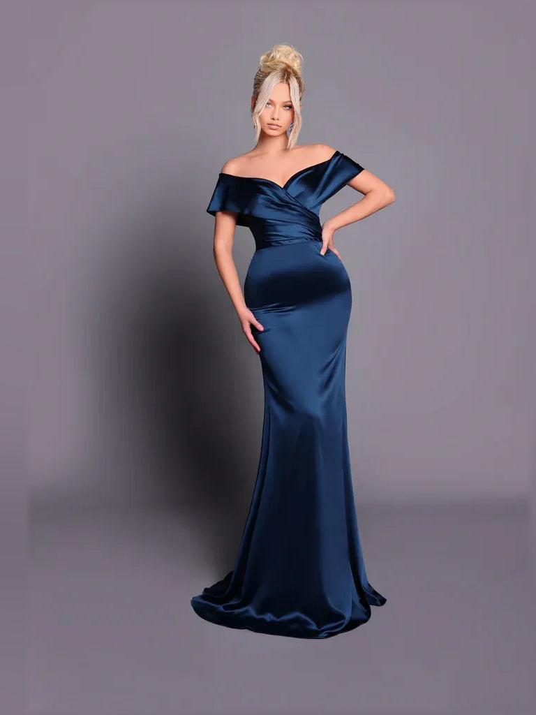 Dark navy off-shoulder satin mermaid formal dress, fitted silhouette, floor length