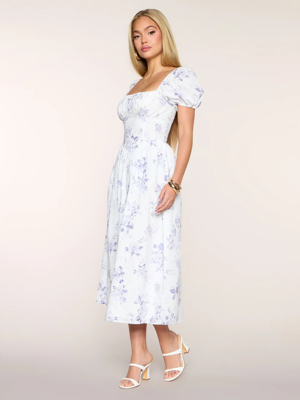 Floral midi formal dress with gathered waist and puff sleeves, front view