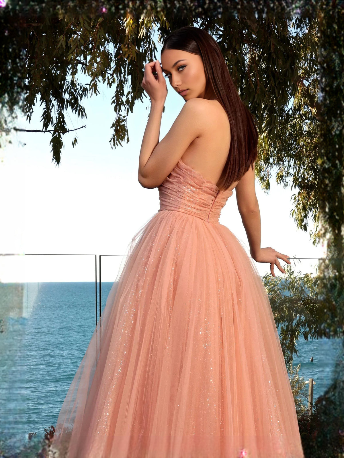 Dusty pink sweetheart A-line tulle prom dress with ruched bodice and subtle sequins