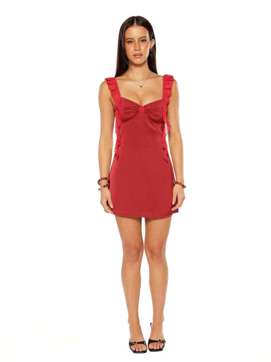 Burgundy satin mini homecoming dress with sweetheart neckline and ruffle straps