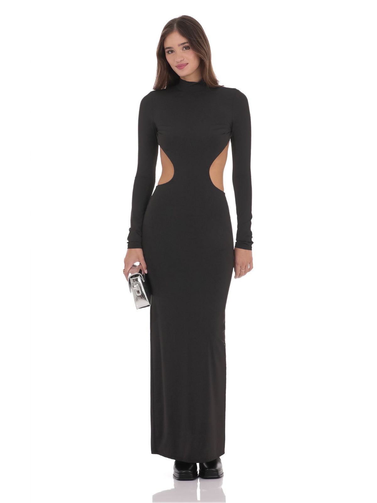 Black bridesmaid dress with structured woven fabric construction and maxi hem