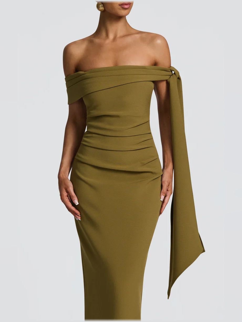 Olive green off-shoulder sheath maxi dress with draped bow on neckline