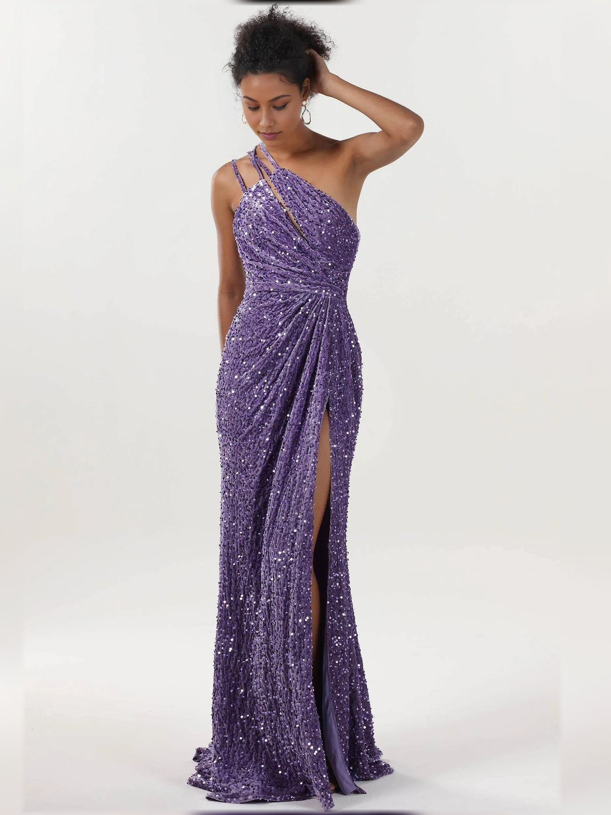 Lilac one-shoulder sequin slit sheath formal dress, front view