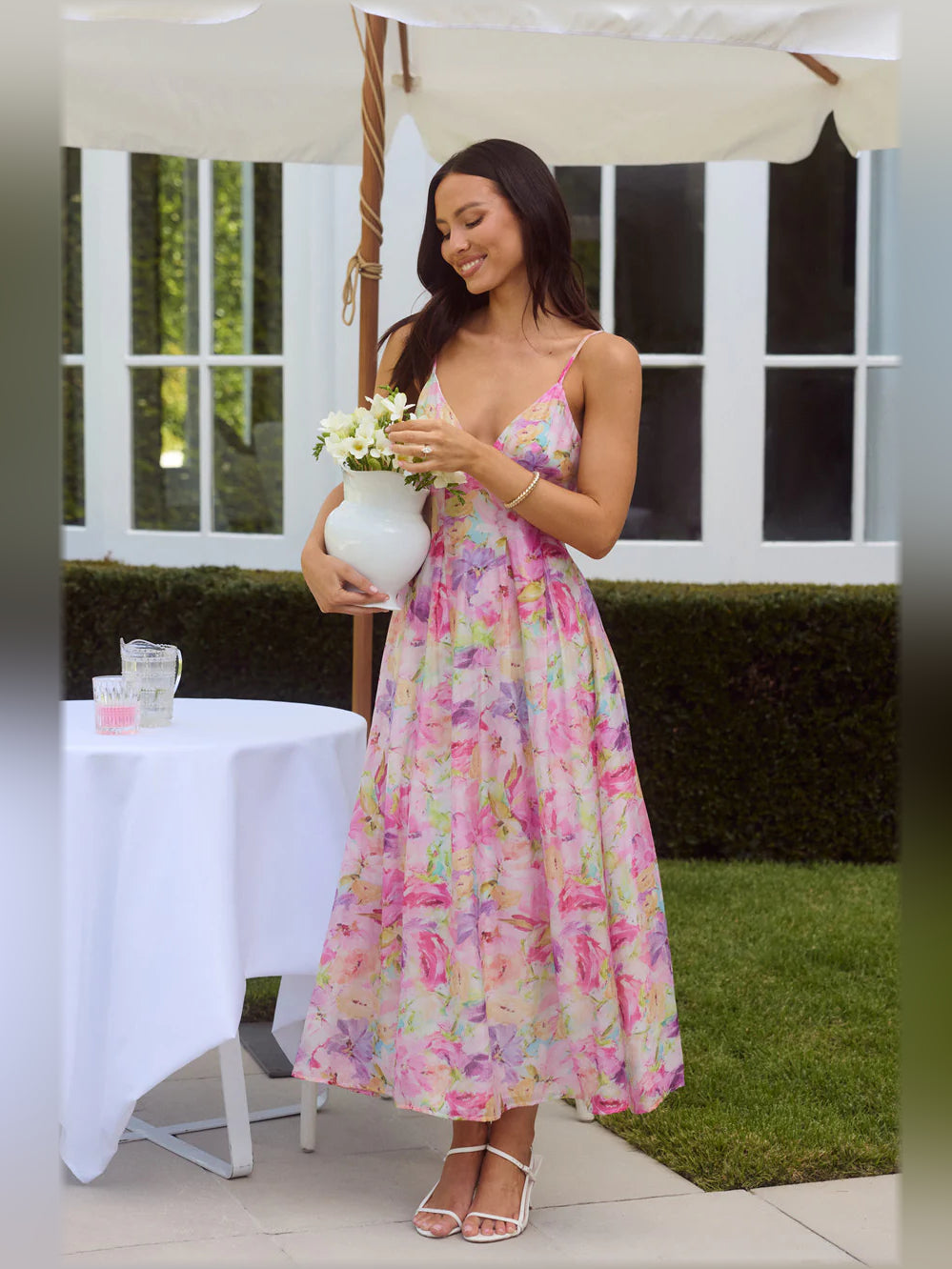 Multicolor floral print midi dress, V-neck spaghetti straps, tiered flared skirt