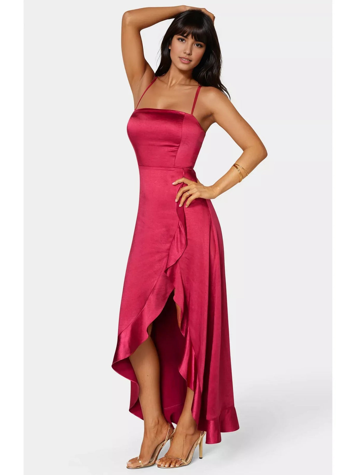 Raspberry spaghetti-strap formal dress with asymmetrical ruffle skirt and front slit