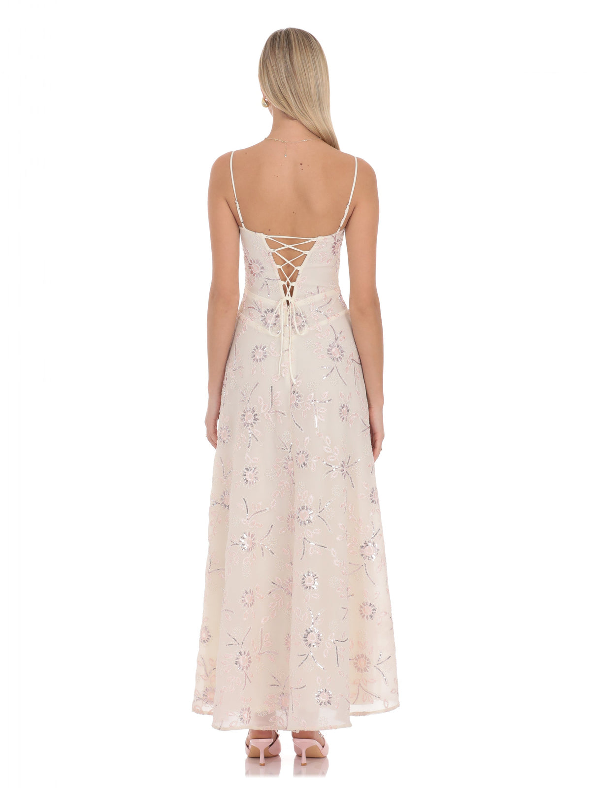 Ivory bridesmaid dress with mesh construction and maxi hem