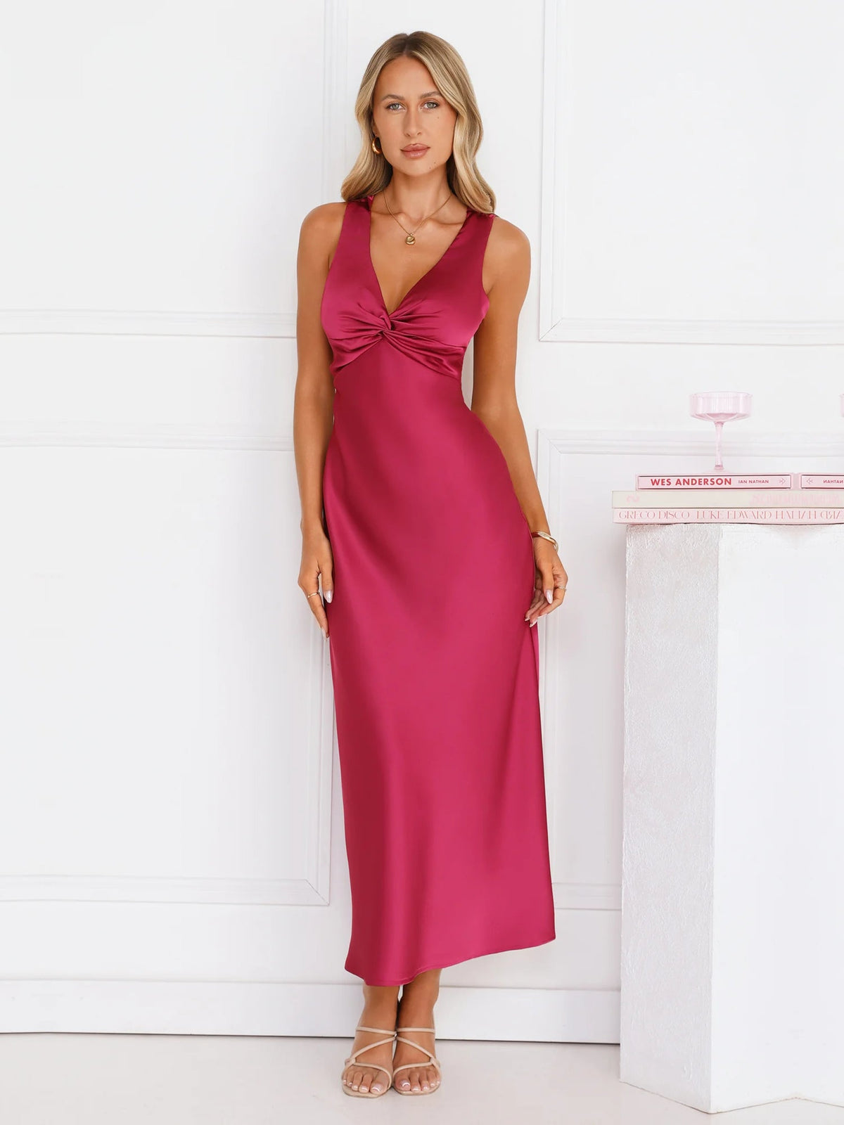 Burgundy sheath maxi formal dress with V-neckline, alternate view