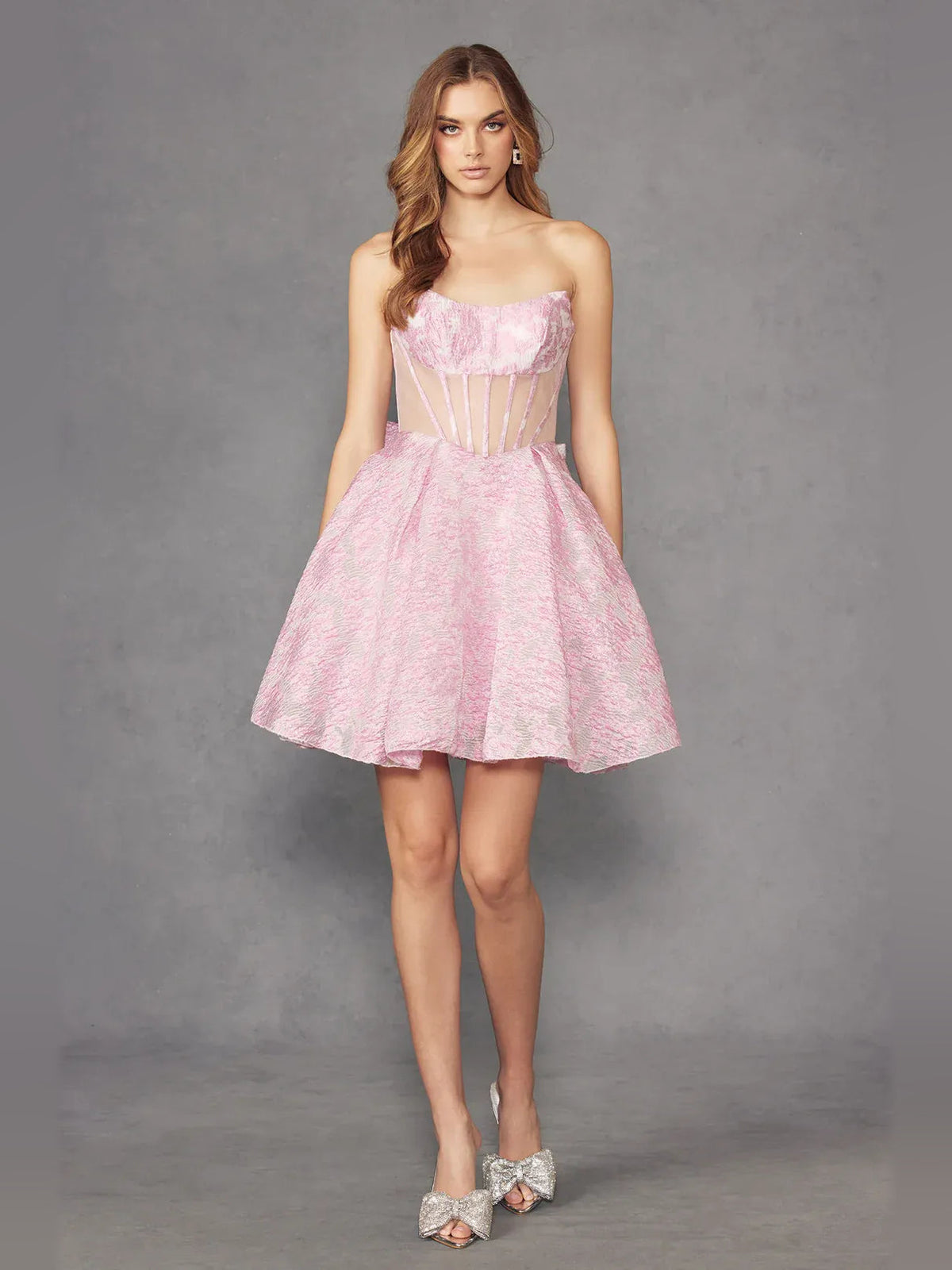 Pink strapless corset A-line short dress with sweetheart neckline and flared hem