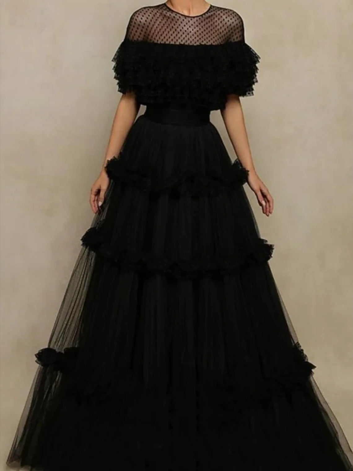 Black tulle A-line prom dress with off-shoulder ruffle sleeves and full layered hem