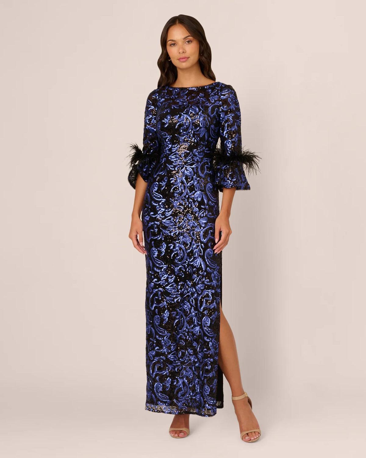 Navy-blue sequin A-line maxi dress with swirl pattern and feather-trim cuffs, side slit