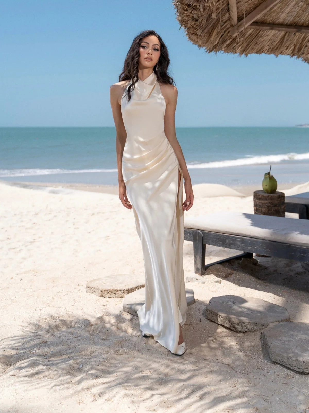 Ivory satin cowl-neck sheath maxi dress with ruched side slit, sleeveless