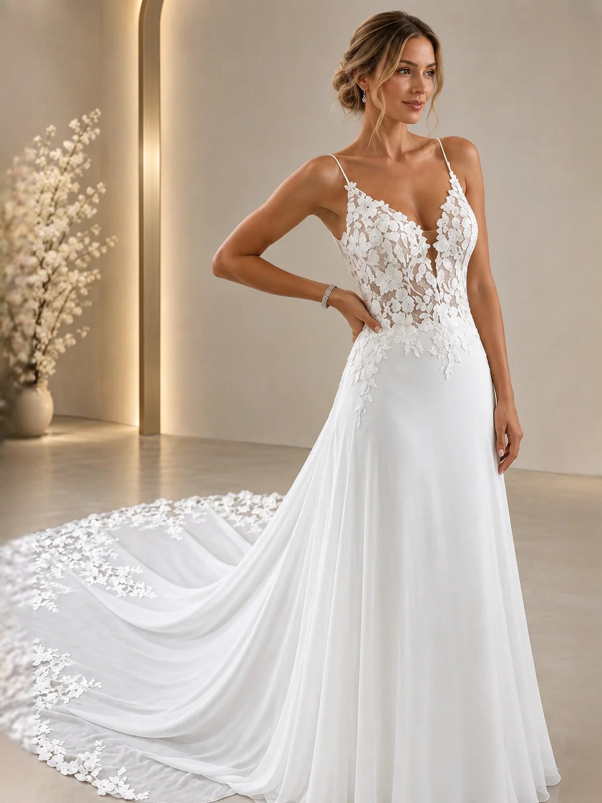 White lace V-neck backless wedding gown with draped skirt and flowing floor-length train