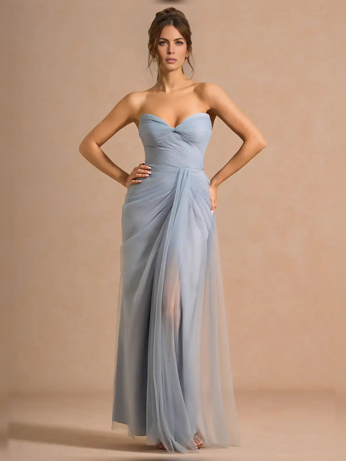 Off-shoulder formal dress in powder blue with sweetheart neckline and front slit