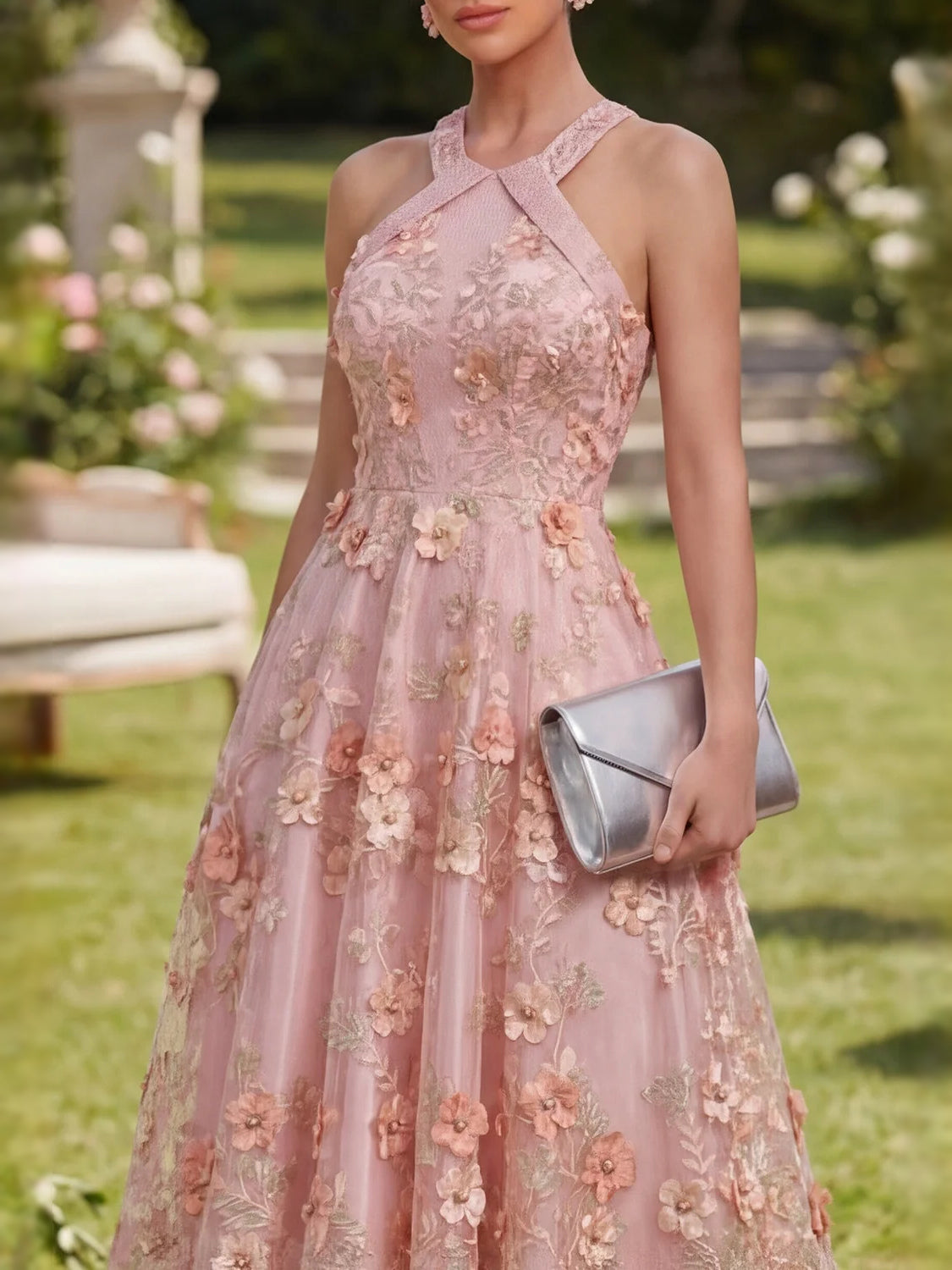 Dusty pink floral applique halter prom dress bodice, sheer lace overlay