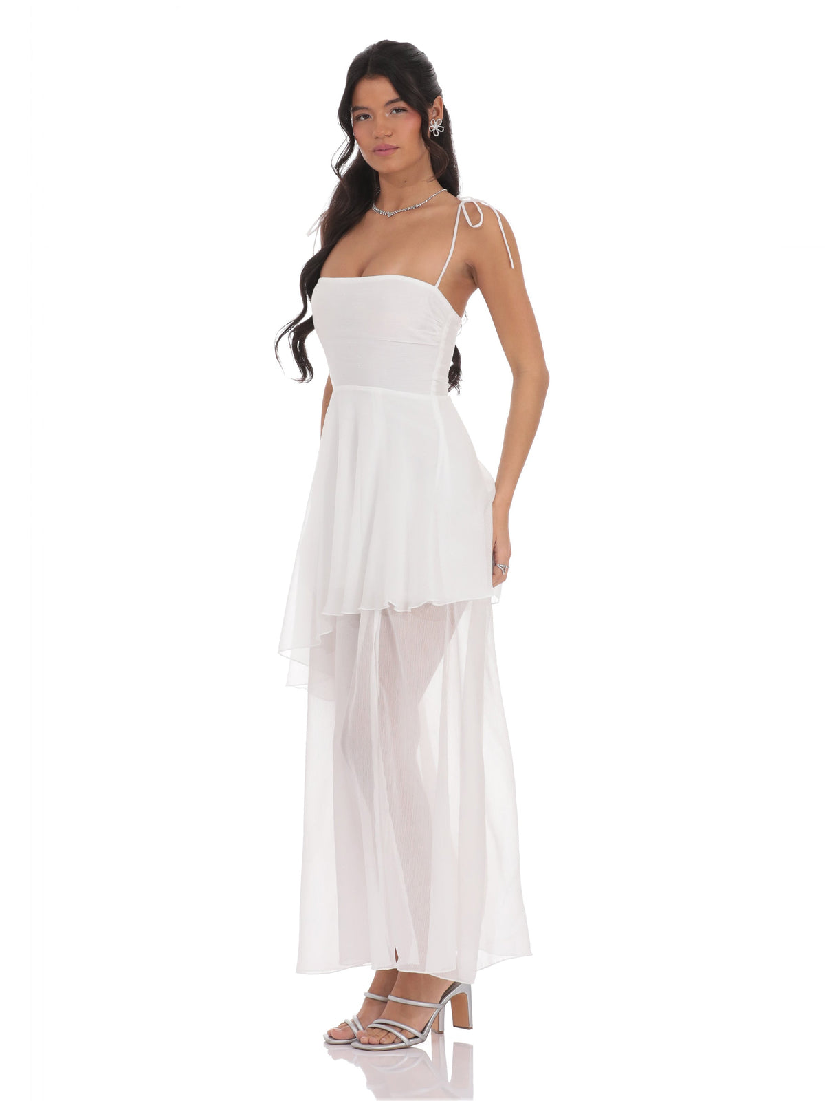 White bridesmaid dress with structured woven fabric construction and maxi hem