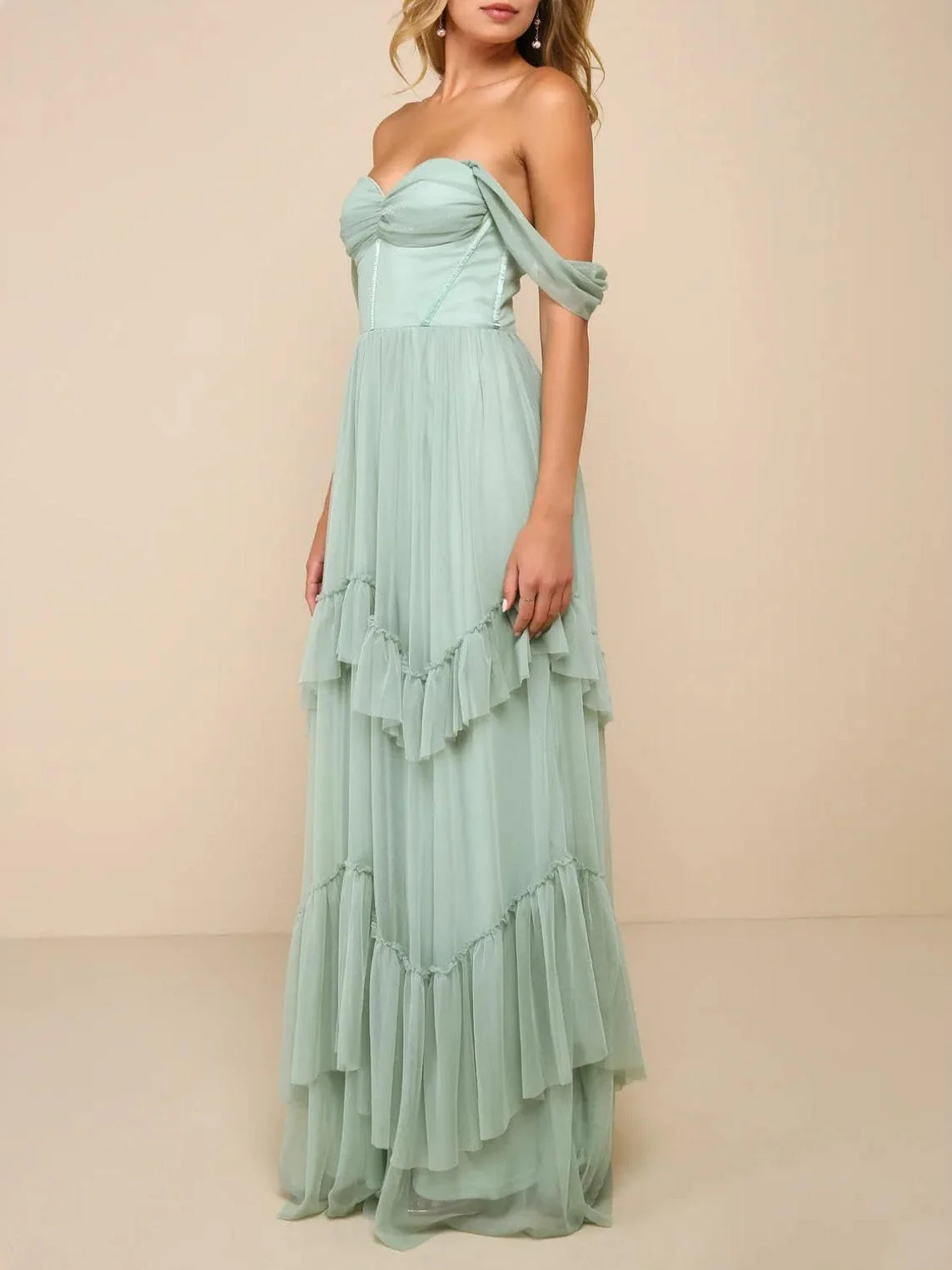Mint green sweetheart off-shoulder A-line tulle dress with layered ruffle tiers