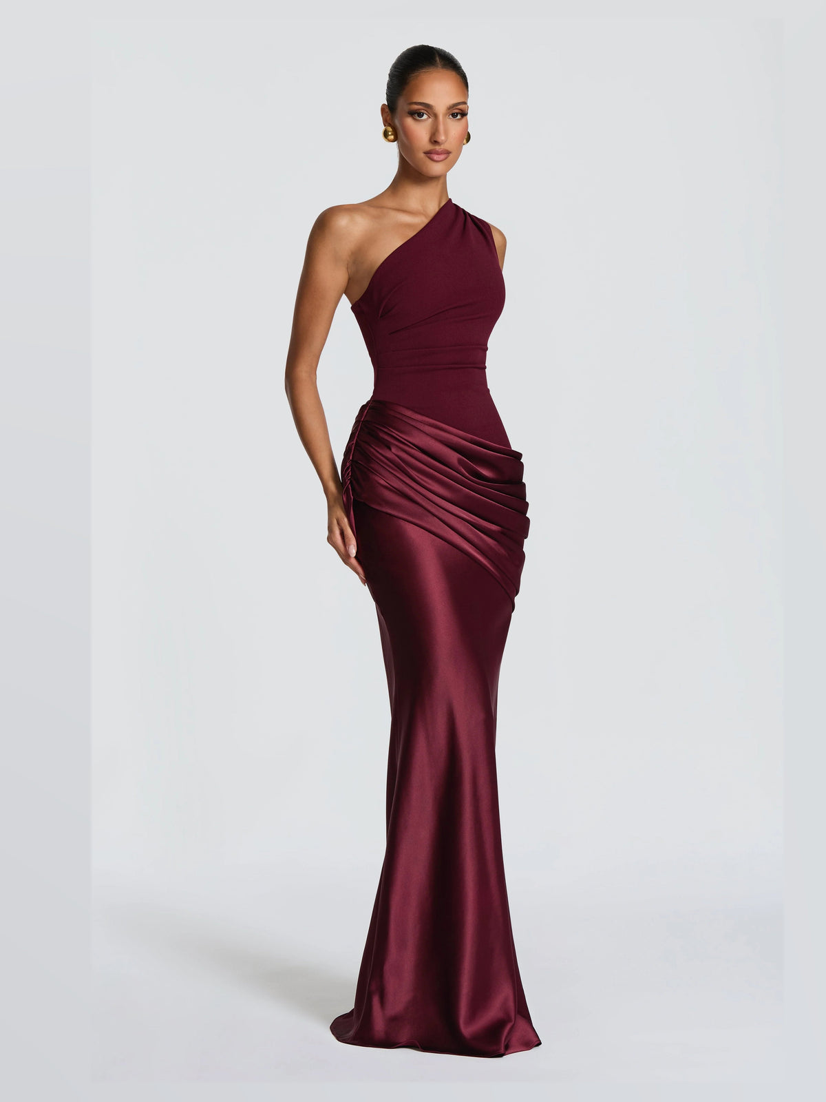 Cherry Lacquer formal dress with structured woven fabric construction and maxi hem